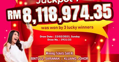 Three lucky winners split RM8.1m in Toto 4D Jackpot 1